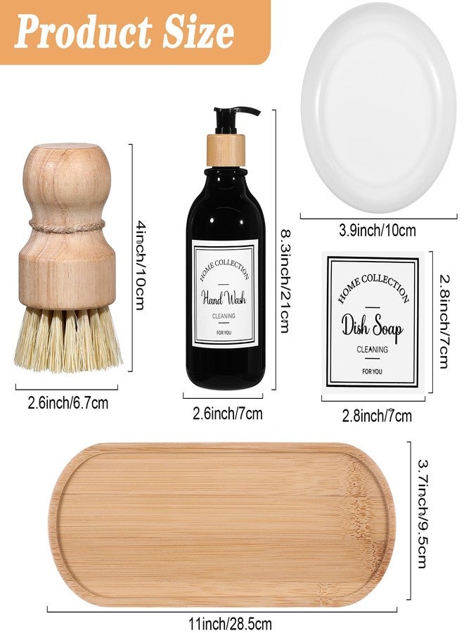 Zopeal 4 Pcs 16 oz Kitchen Soap Dispenser Set with Bamboo Tray and Dish Brush Plastic Soap Dispenser Set with Waterproof Labels for Hand Dish Lotion(Black) - Image 2